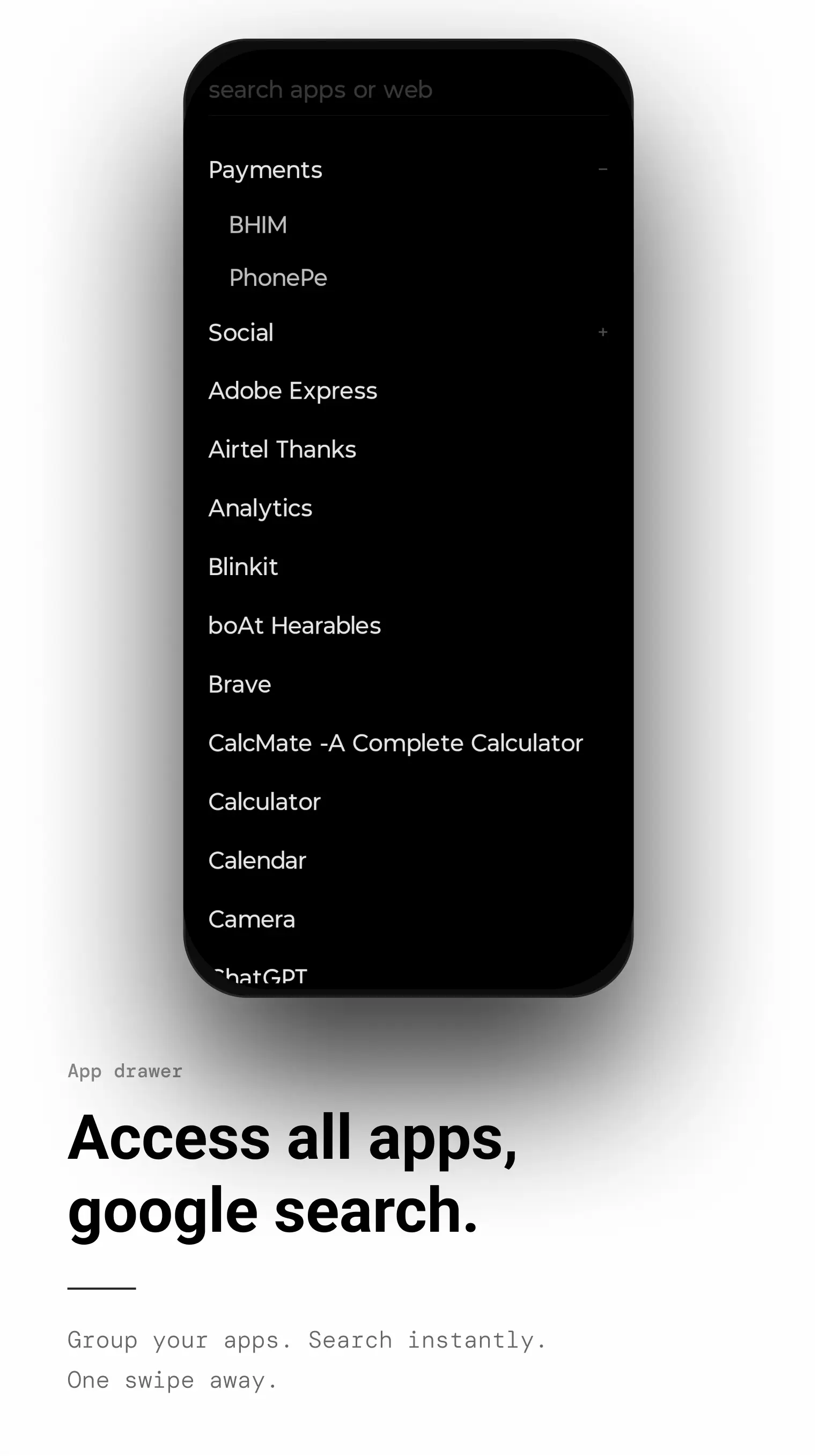 Zelyft — App drawer with search